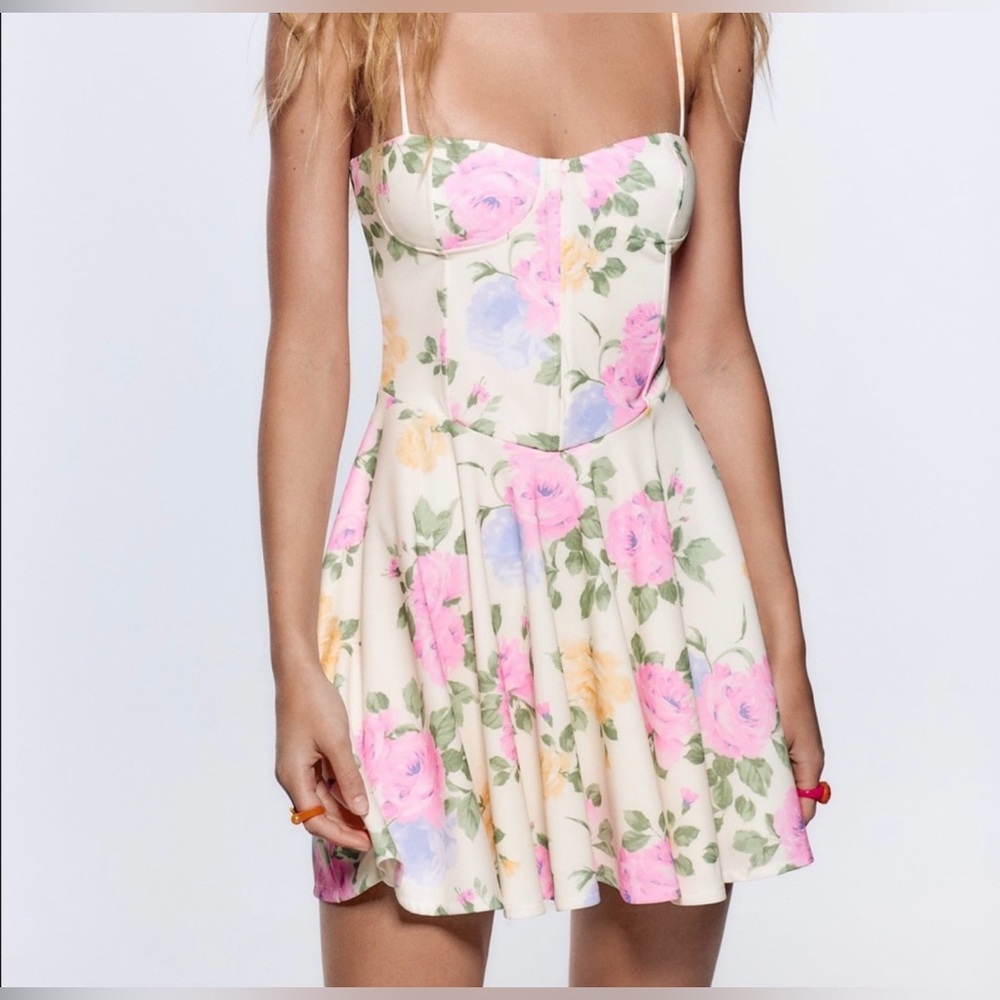 Zara floral print corset mini dress.